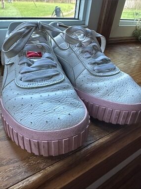 Puma Women's White Leather Sneakers with Pink Platform